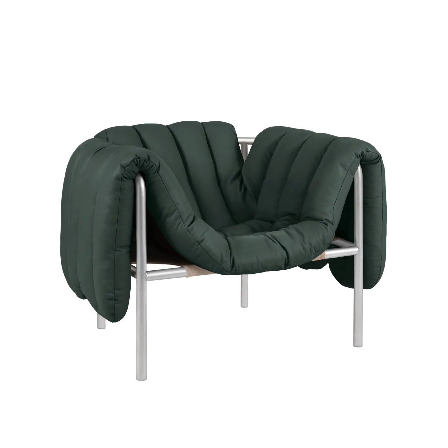 HEM - Puffy Lounge Chair - Dark Green Leather/Stainless - Fåtöljer - Faye Toogood - Silver,Grön - Läder/Naturmaterial/Metall/Trä/Skum