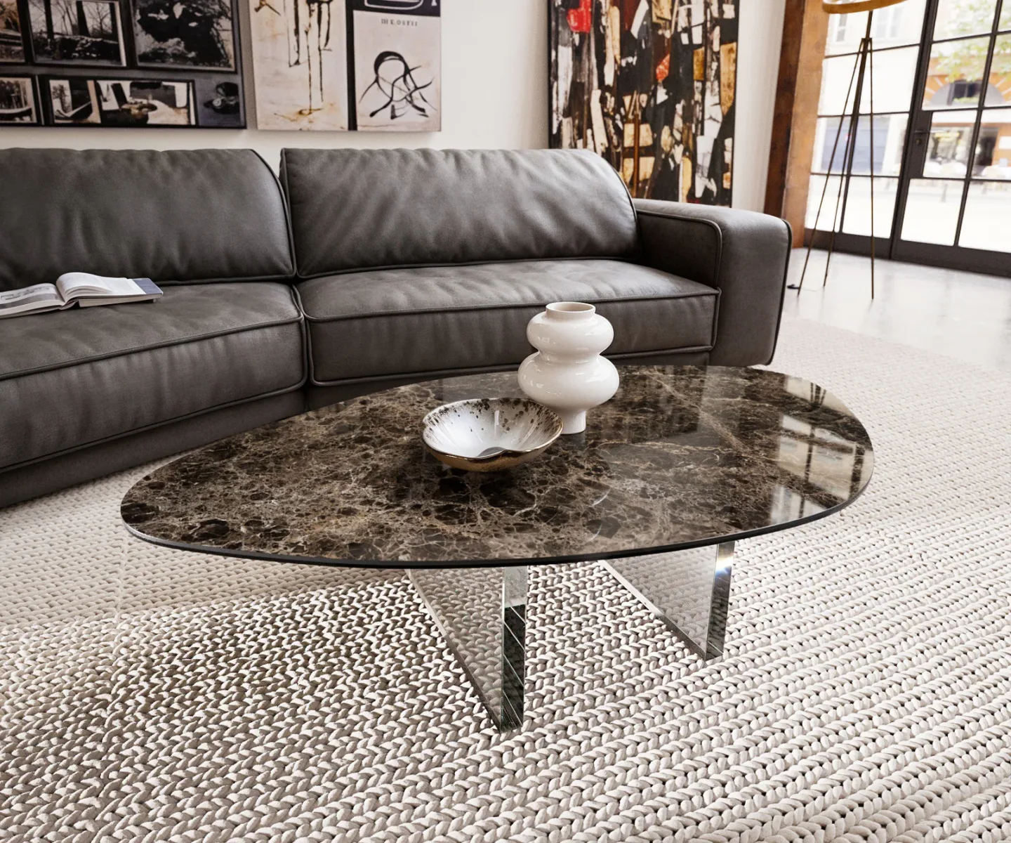Couchtisch Edge Organisch 140x76 cm Keramik Emperador Extra Lucidato Dunkelbraun Lumia Acryl