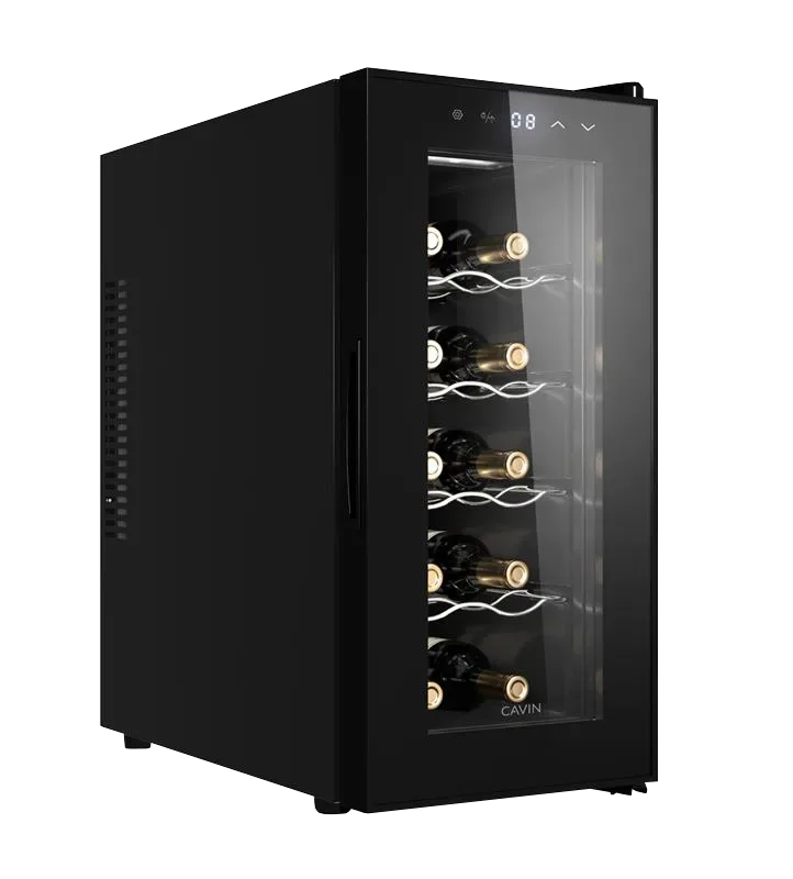Weinkühlschrank freistehender schwarz, Cavin Tundra Collection 10, eine Temperaturzone, 10 Flaschen, leiser Weinkühlschrank, günstiger Weinkühlschrank, B: 26,5 x H: 56,5 x T: 51,5 cm