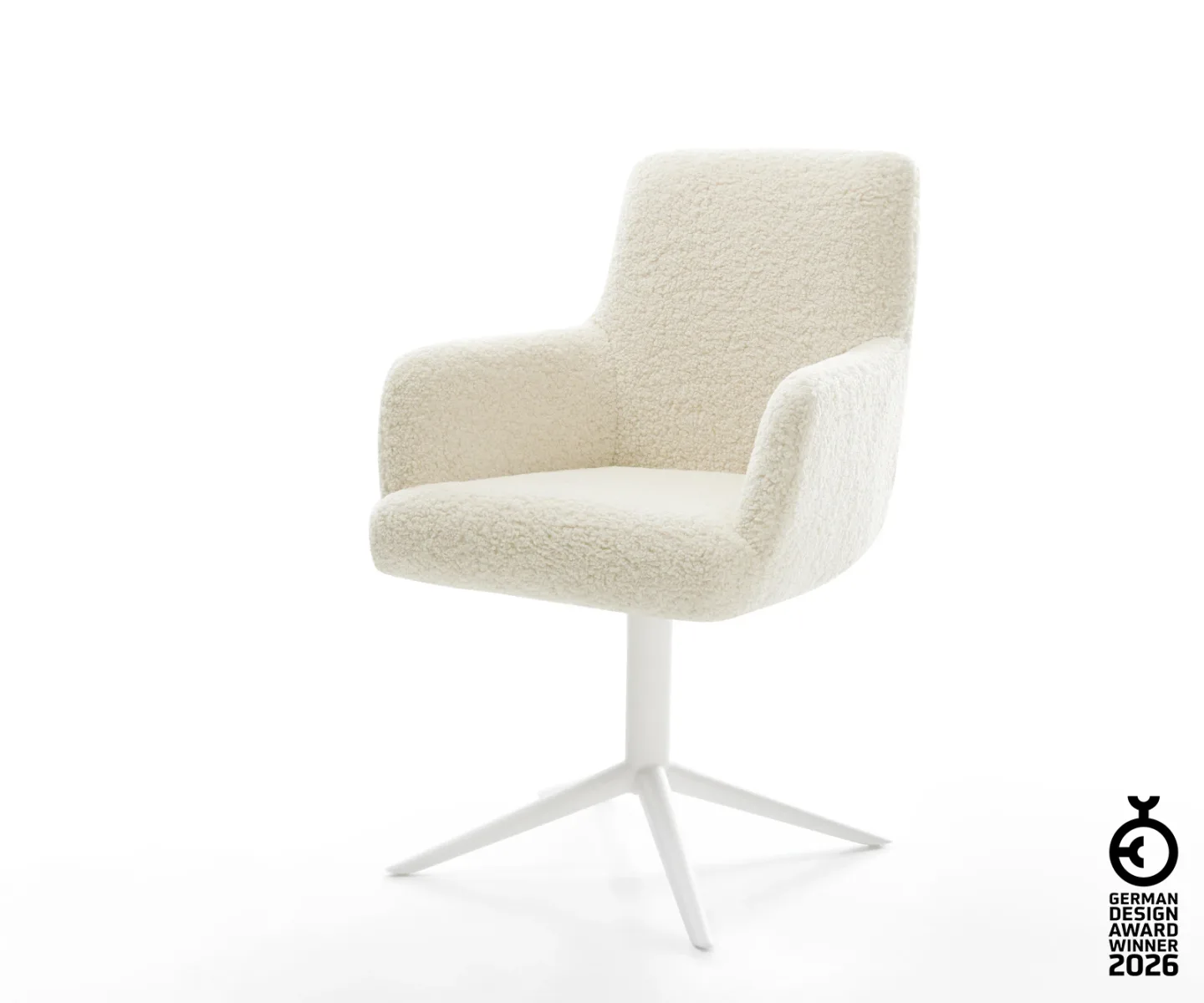 Drehstuhl Heira-Flex mit Armlehnen Teddystoff Beige Fußkreuz Weiß 360° drehbar Wippfunktion Taschenfederkern