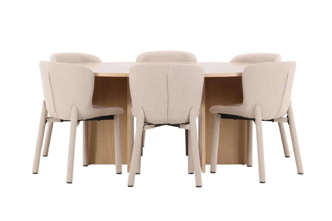 Strada Essgruppe Ausziehtisch Ø120cm, 170cm und 6 Stühle whitewash, beige.