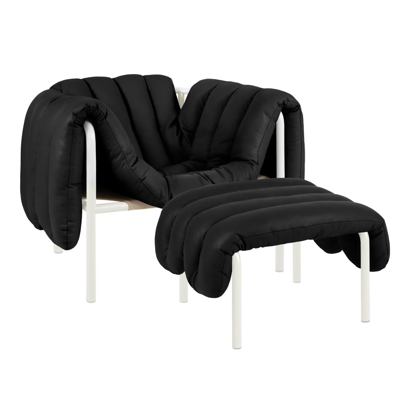 HEM - Puffy Lounge Chair + Ottoman - Black Leather/Cream - Fåtöljer - Faye Toogood - Beige,Svart - Läder/Naturmaterial/Metall/Trä/Skum