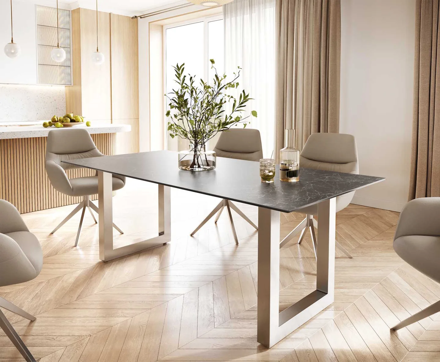 Esstisch Edge 200x100 Keramik Laminam® Nero Greco Anthrazit Edelstahl Breit