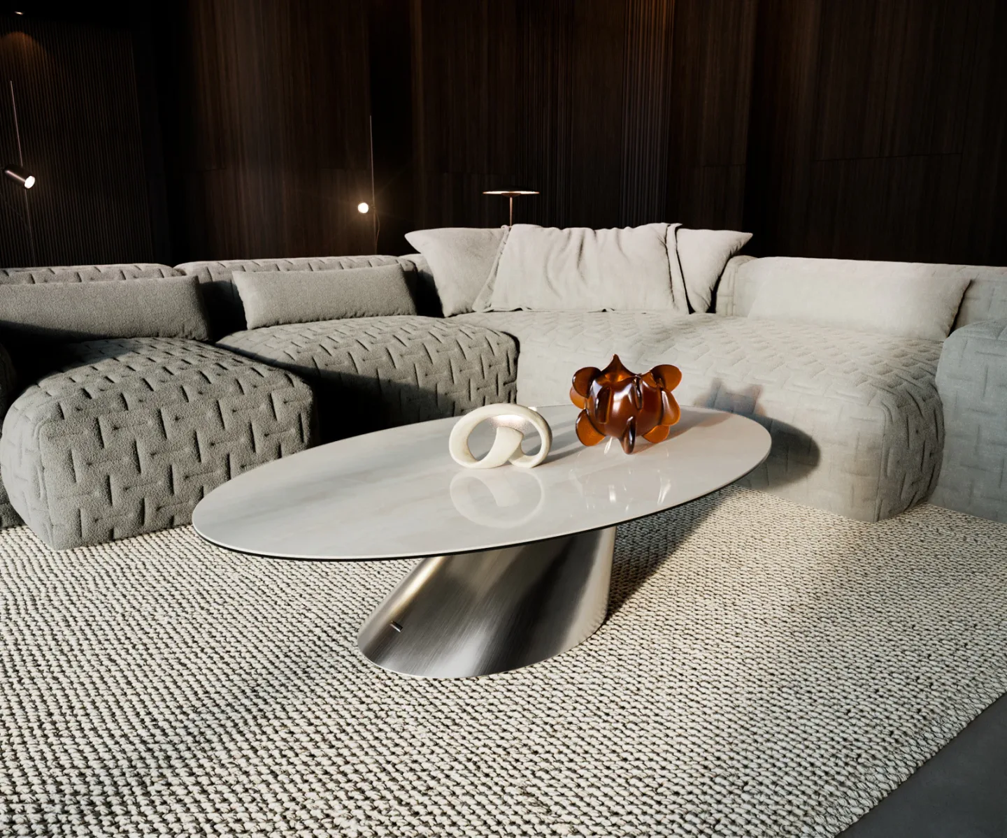 Couchtisch Edge Oval 140x80 cm Keramik Onyx Champagne Conis Edelstahl gebürstet