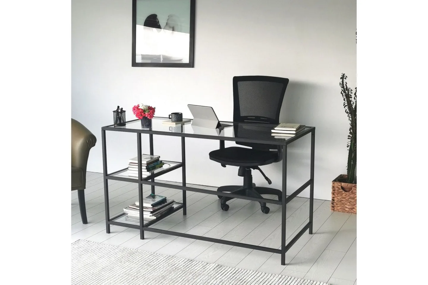 Sabani Skrivbord 130 cm med Förvaring 2 Hyllor - Glas/Svart