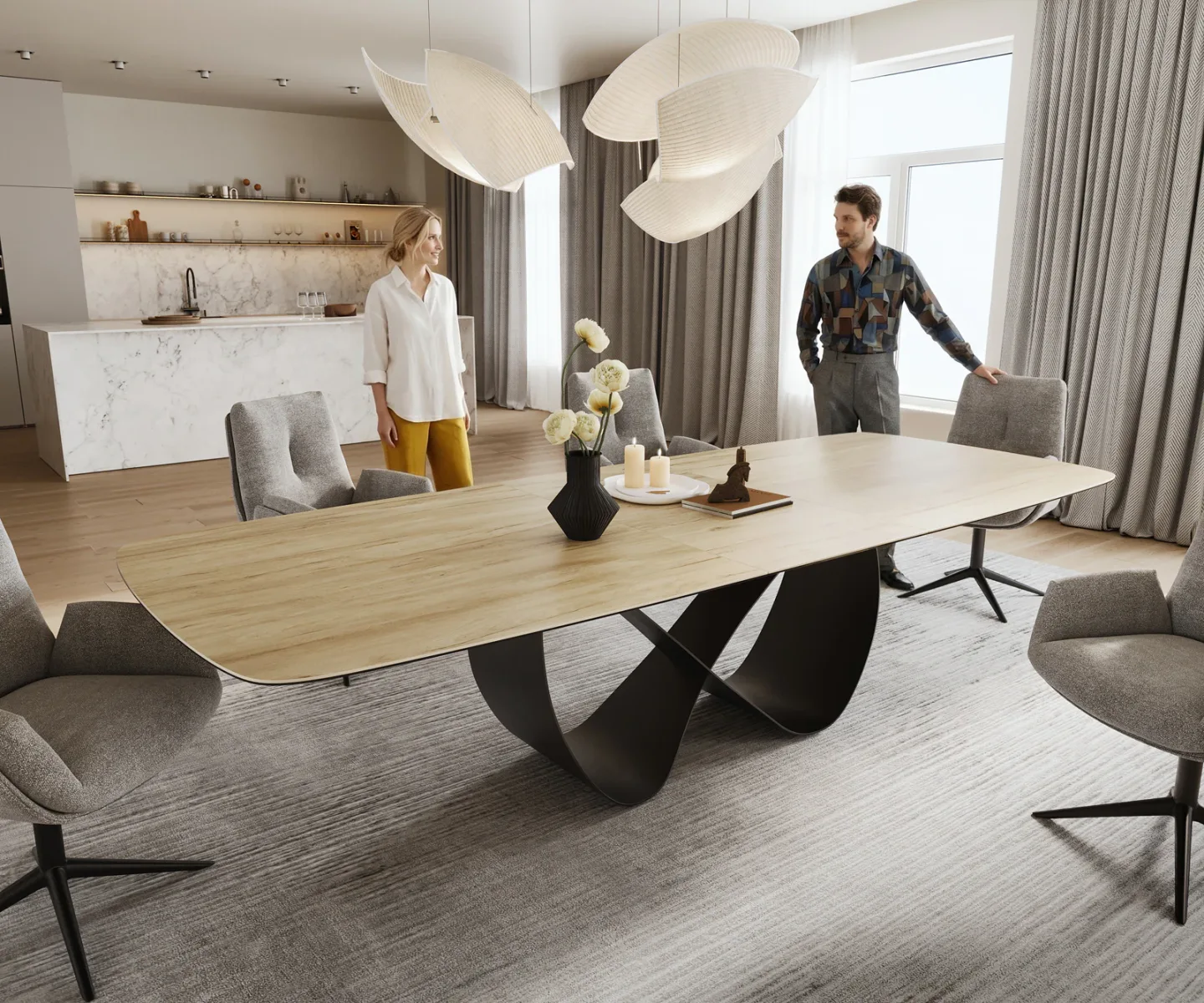 Esstisch Edge Boot 240-300x120 cm Keramik Laminam® Sabbia Eichefarbig Infinity Metall Schwarz ausziehbar