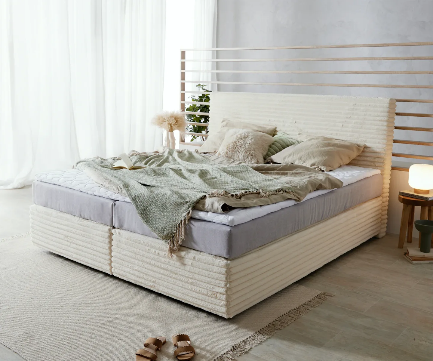 Boxspringbett Dream-Well Plüsch-Cord Beige 180x200 cm TFK-Matratze Visco-Topper