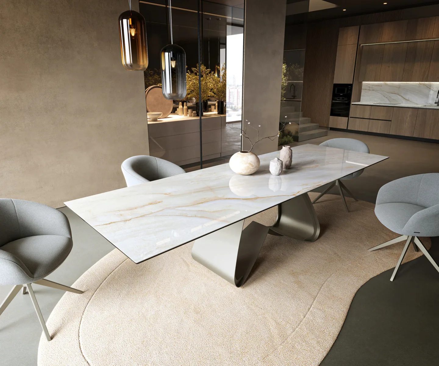 Esstisch Edge 300x100 cm Keramik Onyx Pearl W-Gestell Metall Effektfinish Titan