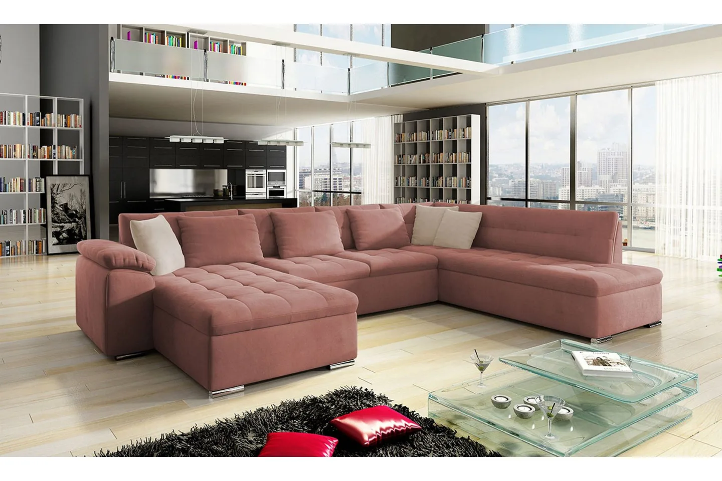 Dynir Bäddsoffa m. Divan och Schäslong 4-sits med Förvaring - Rosa