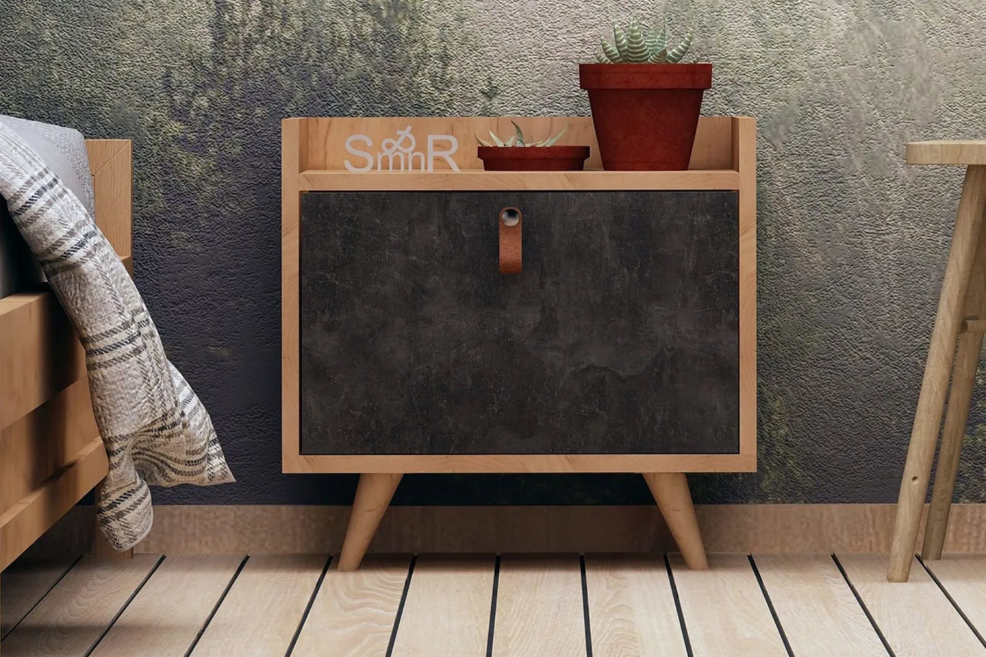Mod Design Sängbord 50 cm med Förvaring Skåp Läderbeslag - Grå/Trä
