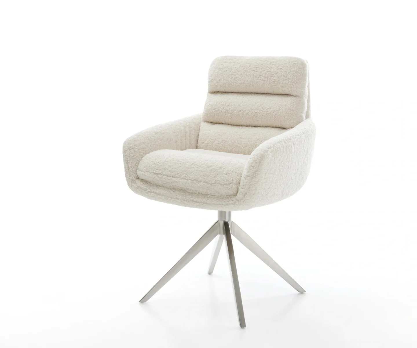 Drehstuhl Abelia-Flex mit Armlehnen Teddystoff Beige Kreuzgestell breit Edelstahl 360° drehbar Wippfunktion