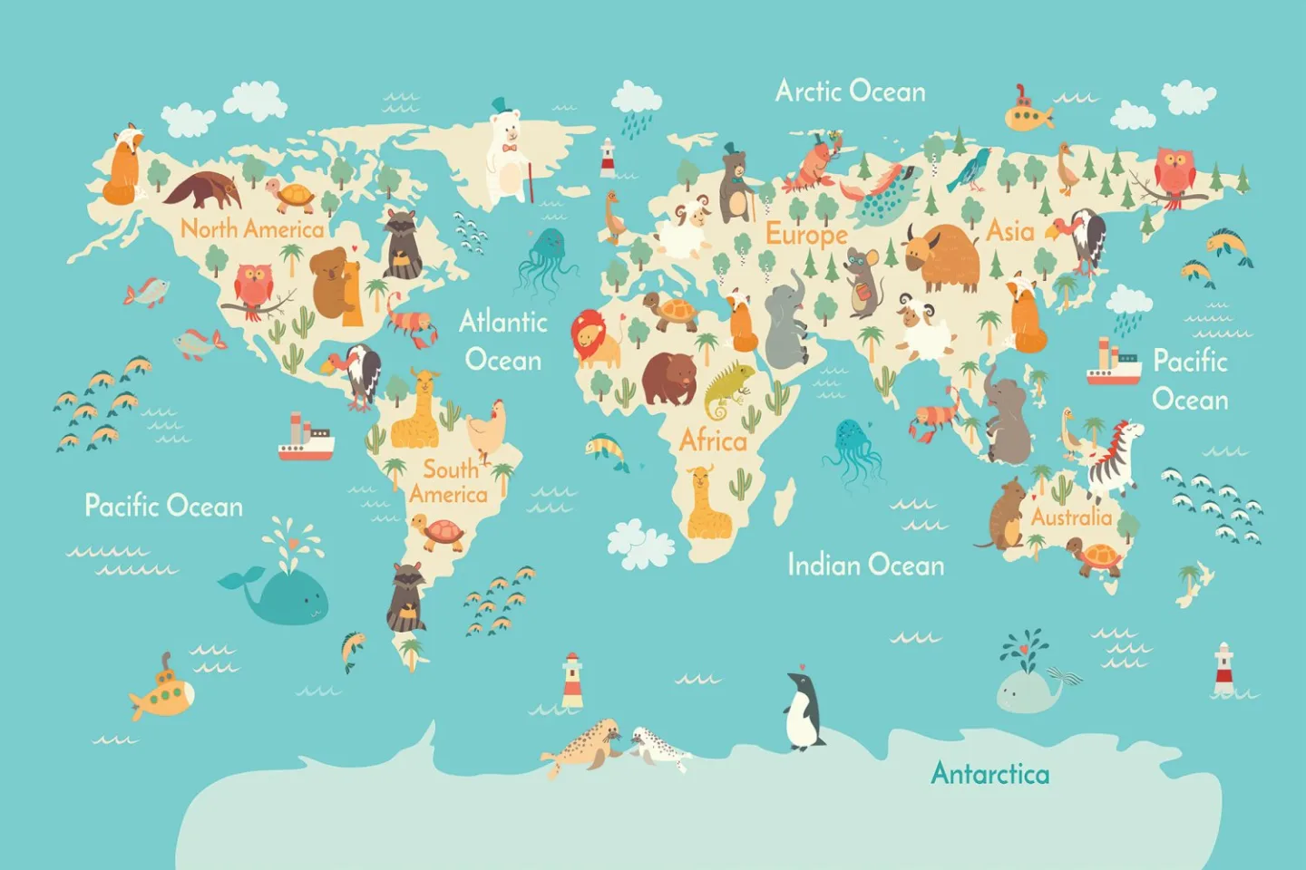 Barneteppe - World Map (blå/multi) (Størrelse: 120 x 170 cm)