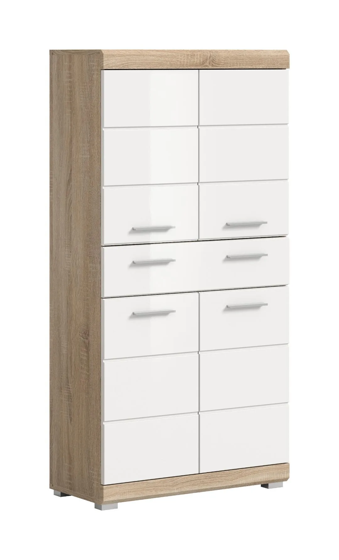 Lambada Hochschrank Bad 4 Türen, 1 Schublade Weiß hochglanz, Eiche Dekor.