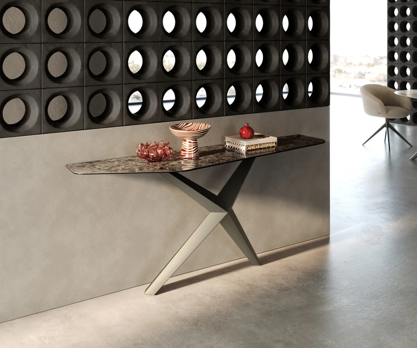 Konsolentisch Edge Polygonal 180x50 cm Keramik Emperador Extra Lucidato Dunkelbraun Zentharo Metall Effektfinish Titan