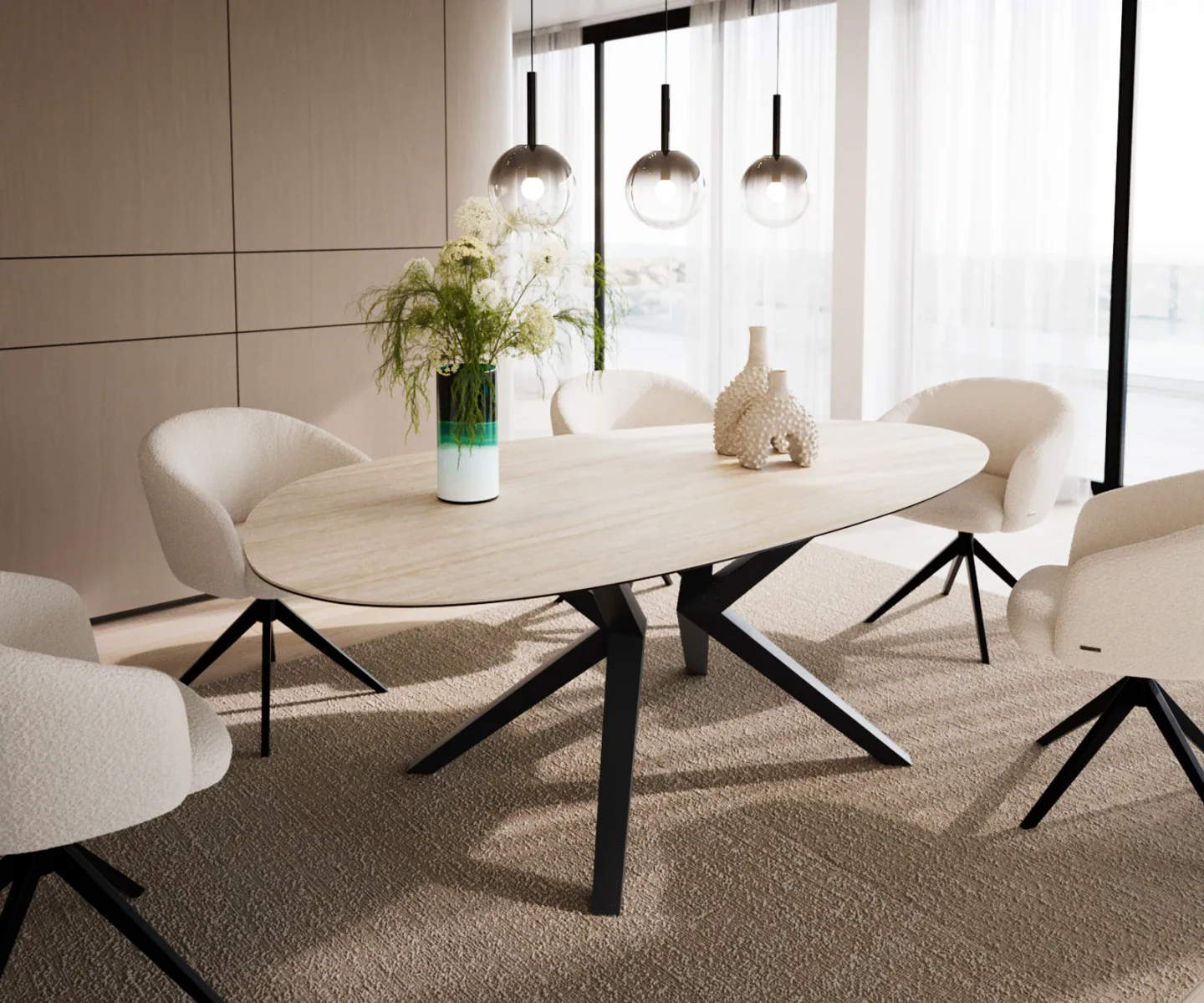 Esstisch Edge Oval 220x120 Keramik Laminam®Travertino Bianco Creme-Weiß? Zenthara kantig Metall Schwarz