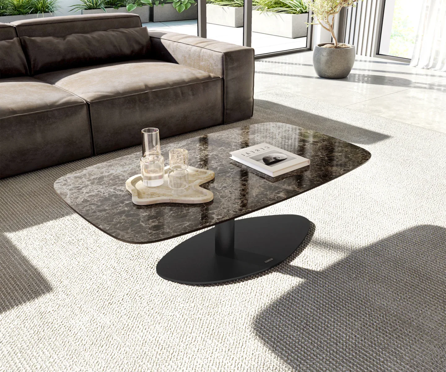 Couchtisch Edge Boot 120x70 cm Keramik Emperador Extra Lucidato Dunkelbraun Vibany Metall Schwarz