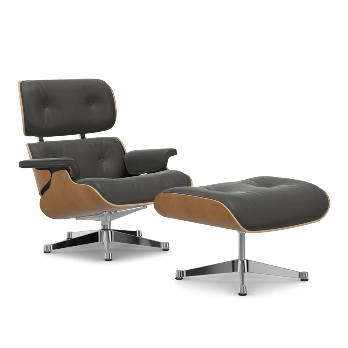 Vitra - Eames Lounge Set Cherry Leather Premium Umber Grey 61 Polished Aluminium - Fåtöljer - Charles & Ray Eames - Grå