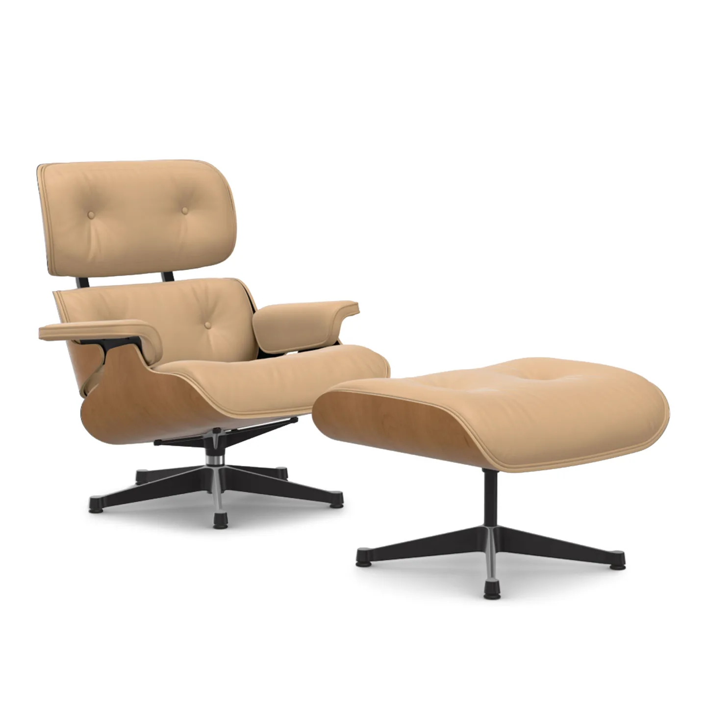 Vitra - Eames Lounge Set Cherry Leather Premium Cashew 63 Polished Aluminium/Deep Black - Fåtöljer - Charles & Ray Eames - Brun