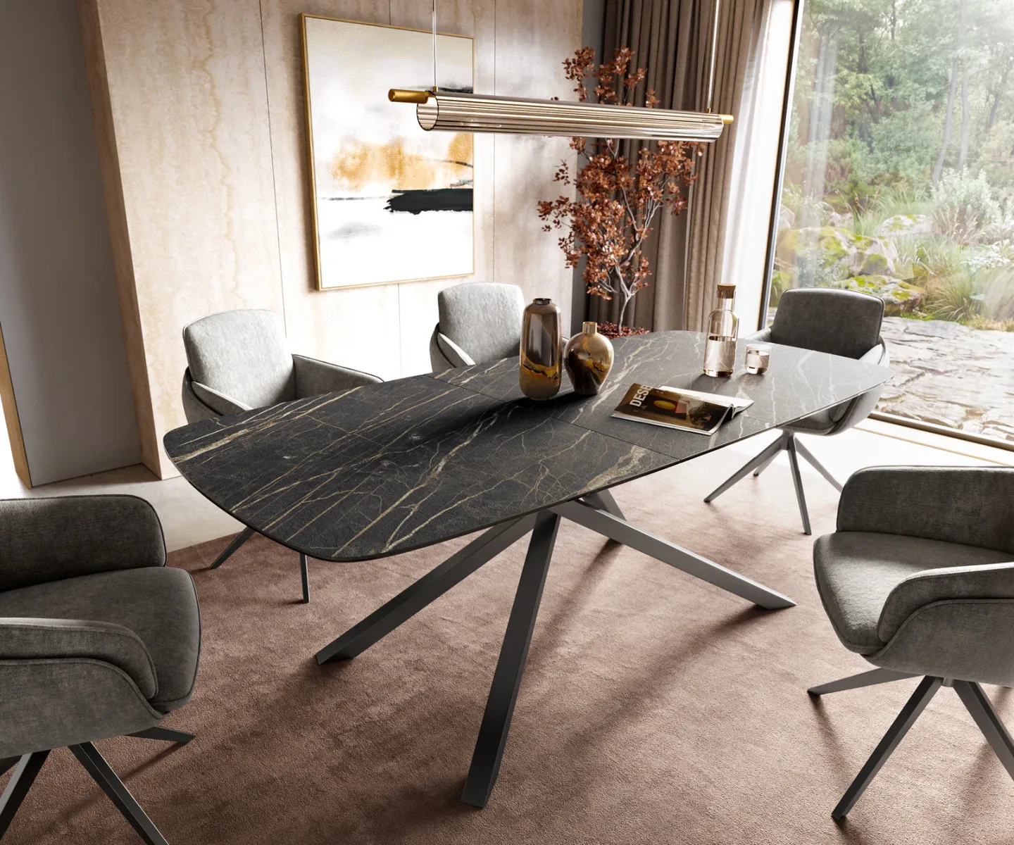 Esstisch Edge Boot 180-220x100 cm Laminam® Keramik Noir Desir Braun Kreuzgestell Rechteck Edelstahl Graphit ausziehbar