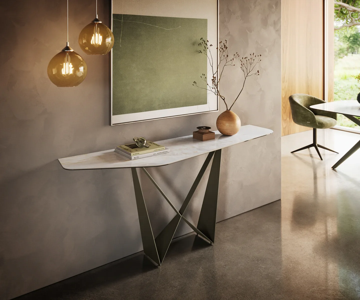 Konsolentisch Edge Polygonal 180x50 cm Keramik Onyx Pearl Spios Metall Effektfinish Titan