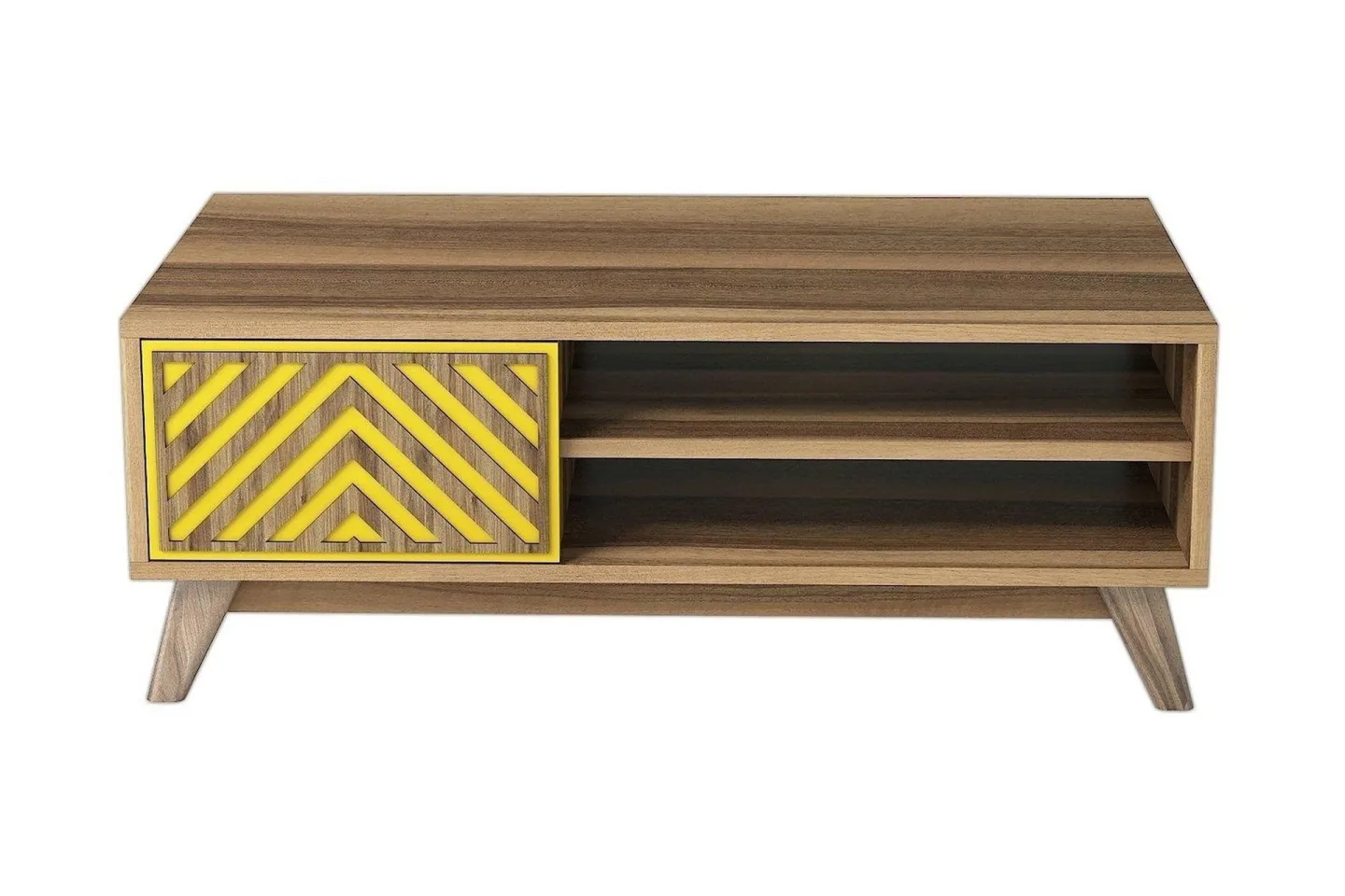 Hovdane Soffbord 105 cm med Förvaring 2 Hyllor Linjer + Skåp - Brun/Gul