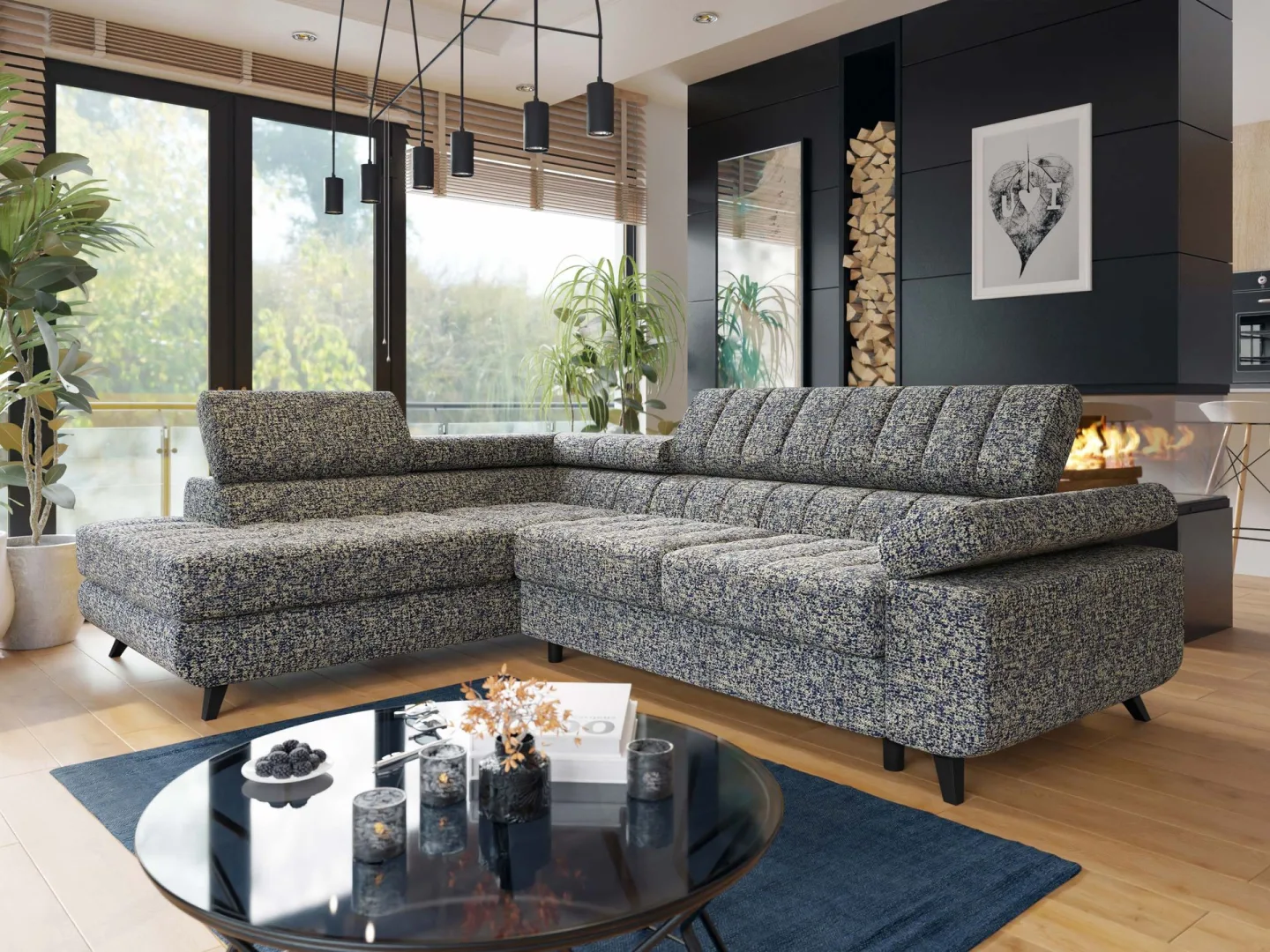 Amshyttan Bäddsoffa med Schäslong 4-sits - Blå