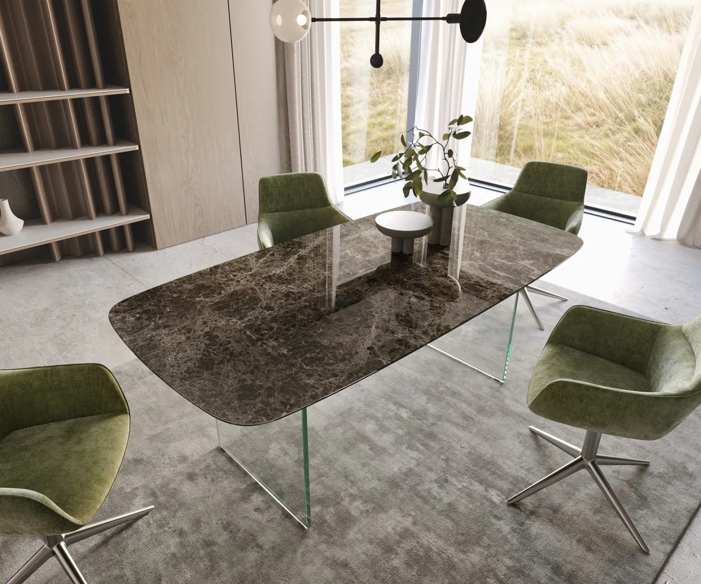 Esstisch Edge Boot 200x100 Keramik Emperador Extra Lucidato Dunkelbraun Gestell Glas