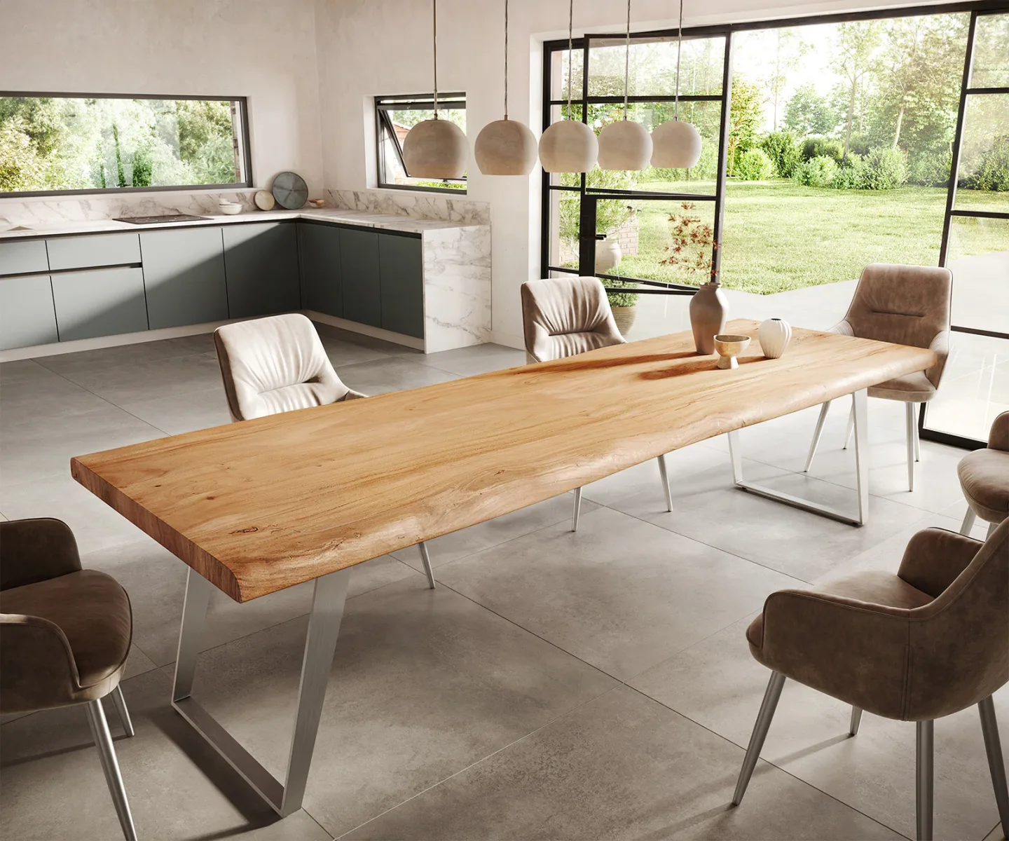 Esstisch Edge 300x100cm XL Akazie Natur Edelstahl Silber schräg Live-Edge