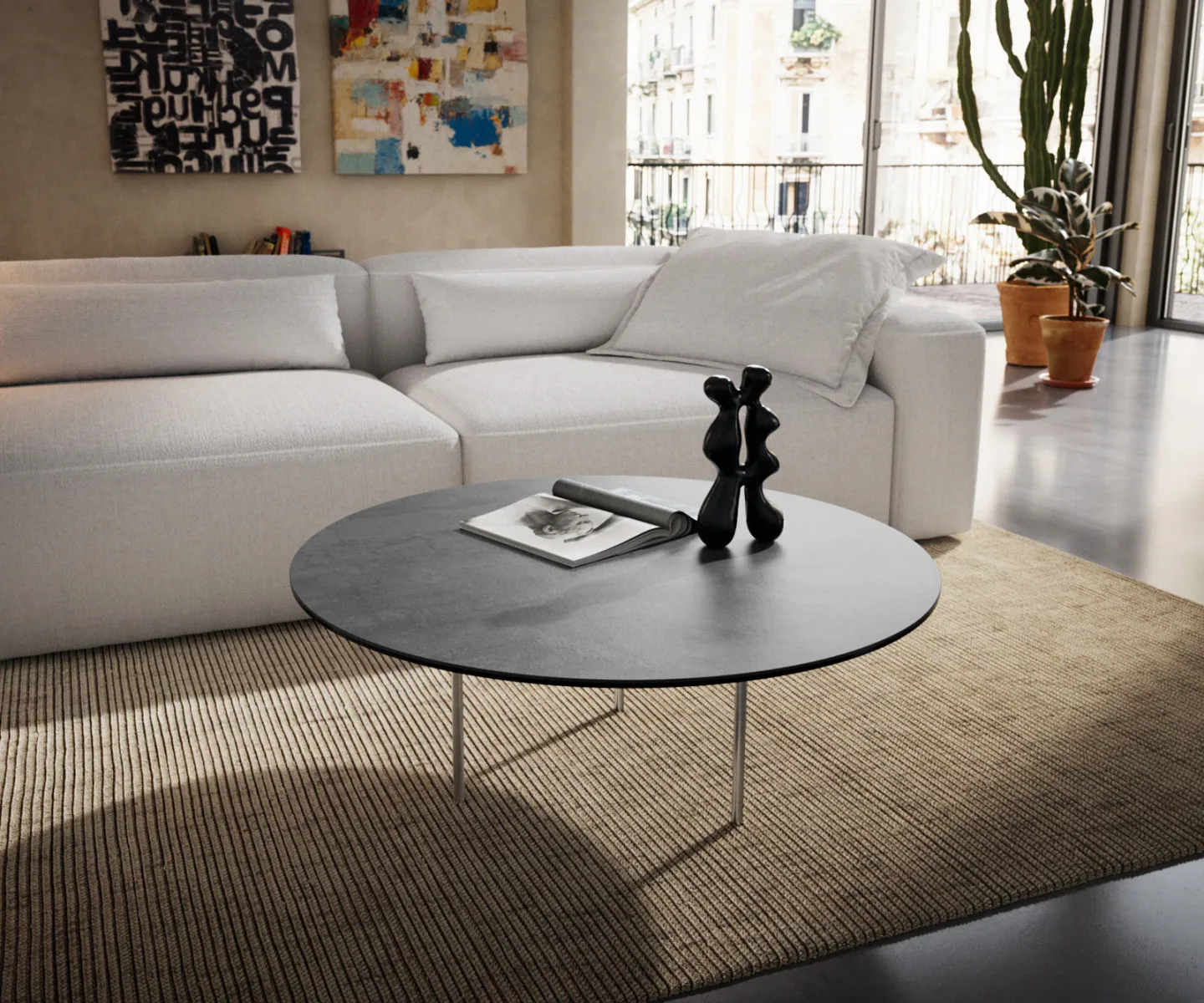 Couchtisch Edge Rund 90x90 cm Keramik Beton Grau Trive Metall Schwarz