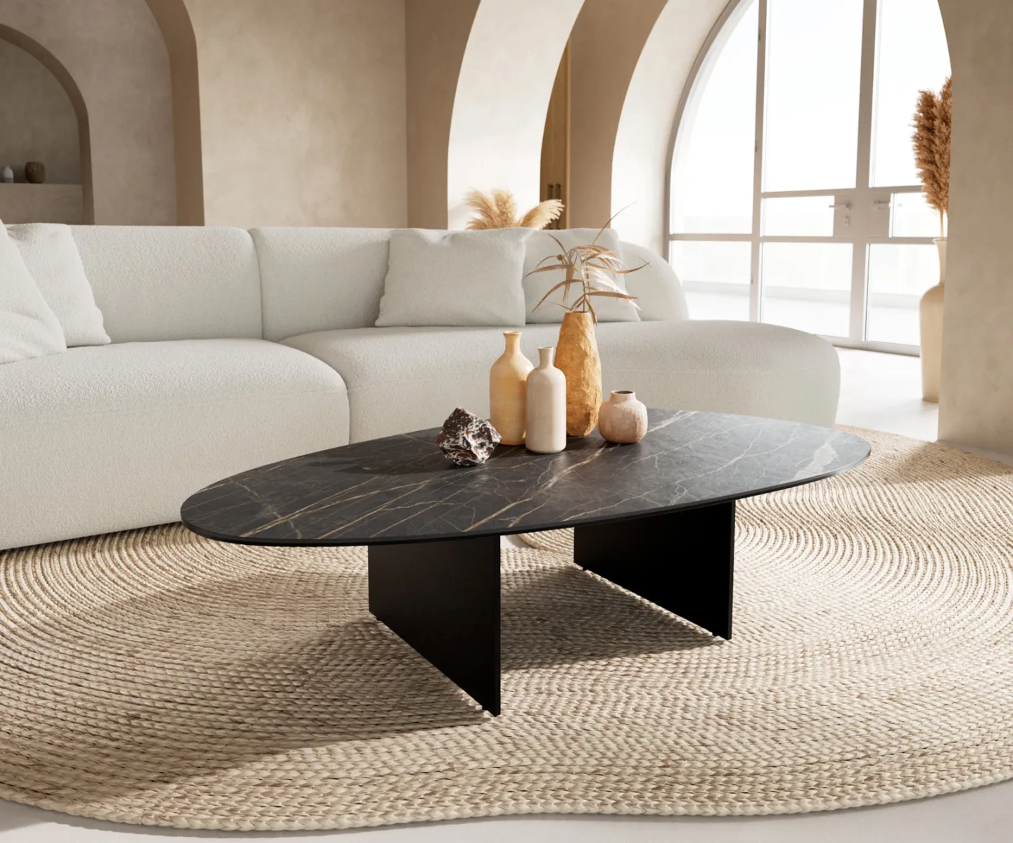 Couchtisch Edge Oval 140x75 cm Keramik Laminam® Noir Desir Braun Salto Metall Schwarz