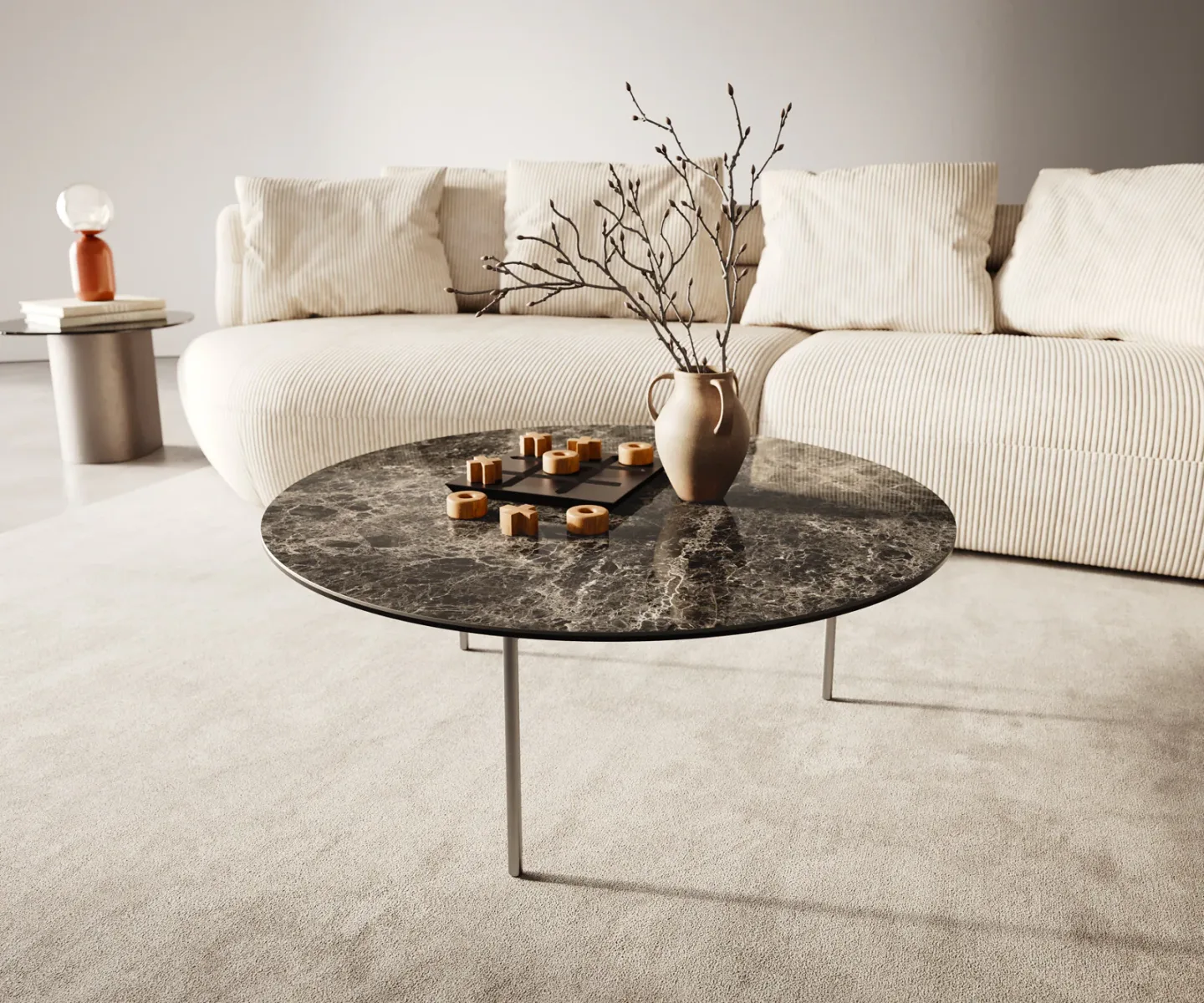 Couchtisch Edge Rund 90x90 cm Keramik Emperador Extra Lucidato Dunkelbraun Trive Edelstahl gebürstet