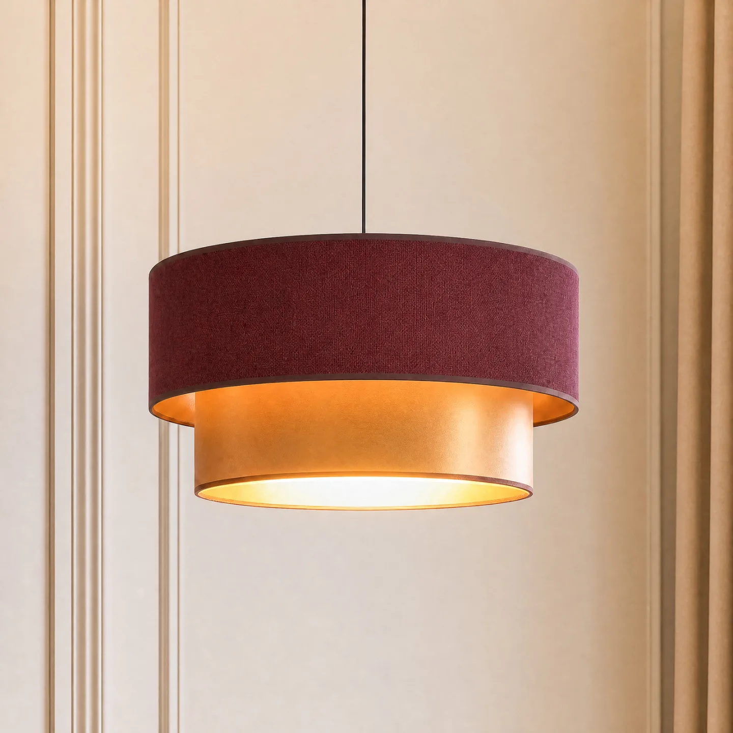 Dorina pendellampe, mørkerød/guld, Ø 45 cm, tekstil, E27 – Duolla - Soveværelse - Ungdommelig - Stof / tekstil - Med én lyskilde