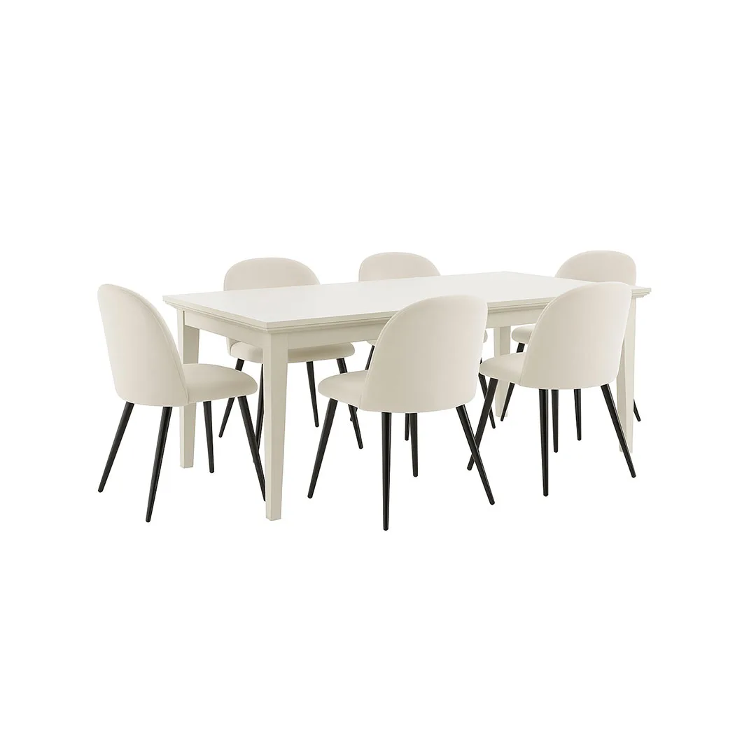 Venedig Essgruppe Tisch weiß 95x180/276 mit 2 Stk. Zusatzplatten 6 Stühlen Samt beige.