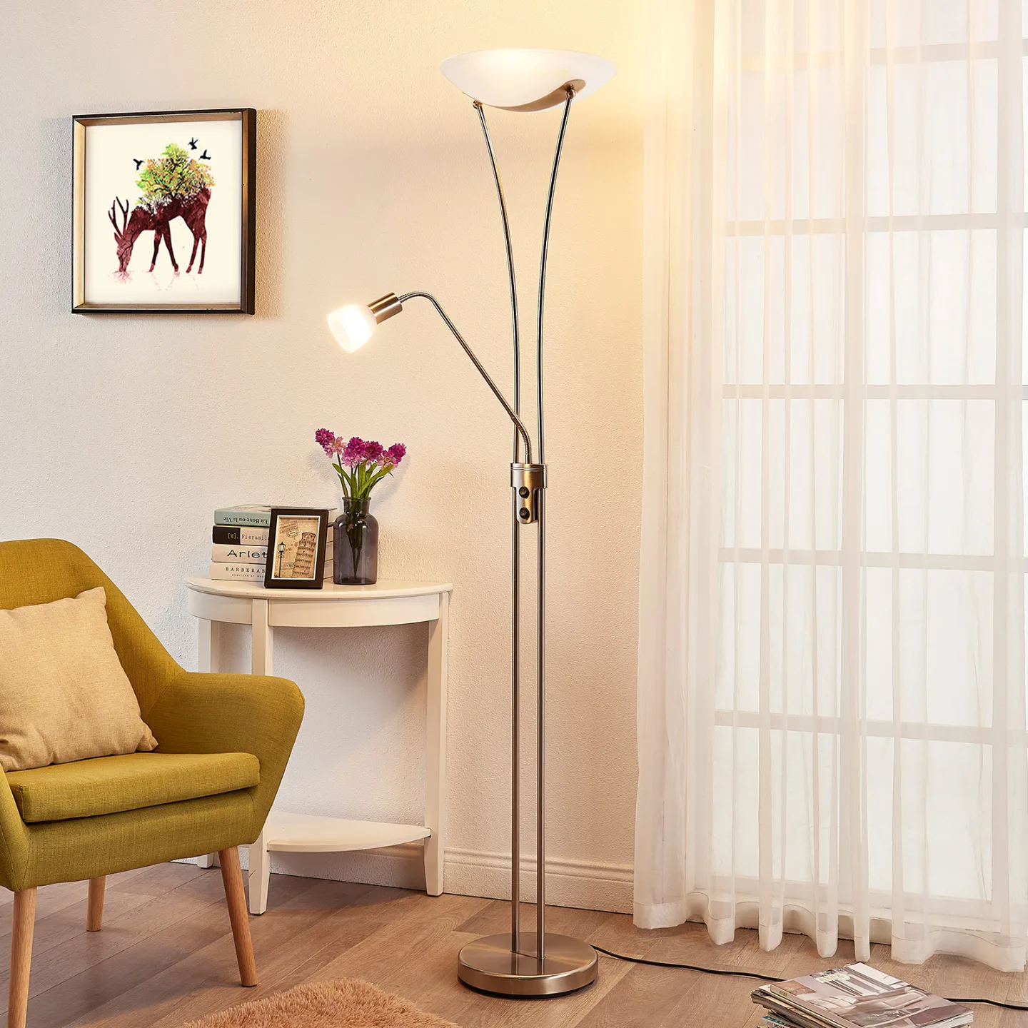 Felicia Stehleuchte Nickel/White - Lindby - Wohnzimmer - Modern - Metall - Mehrflammig