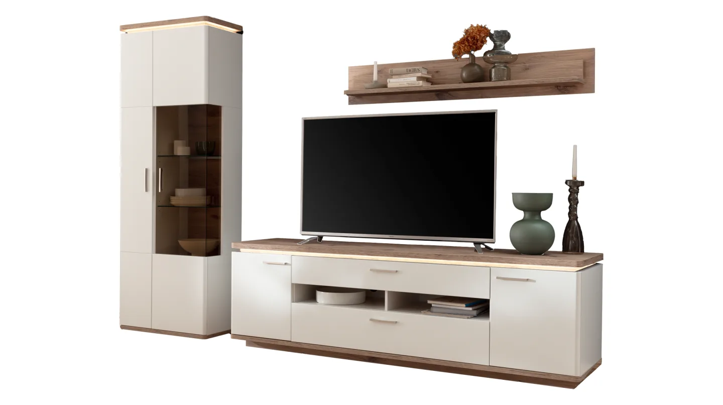 Wohnwand weiß - Viking Oak 295 cm LED-Beleuchtung - PALERMO