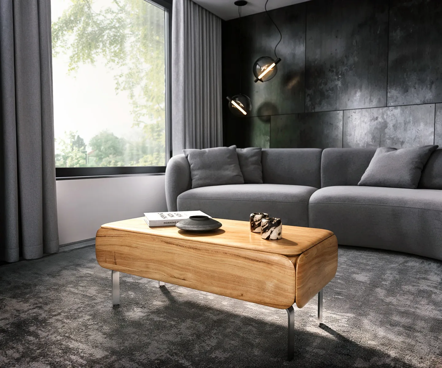 Couchtisch Shavani 100x50 cm Akazie Natur 1 Schublade L-Fuß Edelstahl Silber