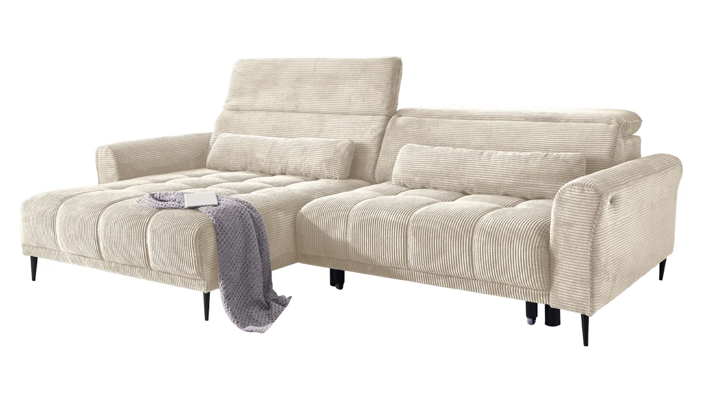 Ecksofa Cord beige elektrisch ausfahrbar 277 cm - OT links - LOGAN
