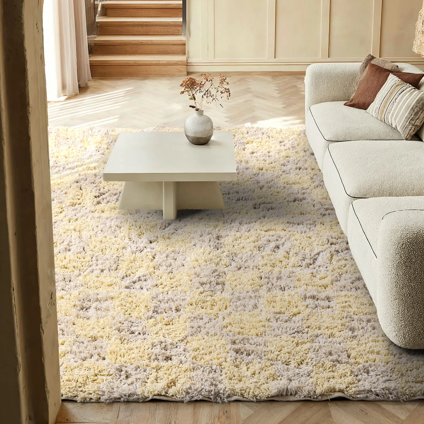Ryetepper - Methoni Check Cotton Shaggy (kermanvärinen/lysegul) (Størrelse: 80 x 150 cm)