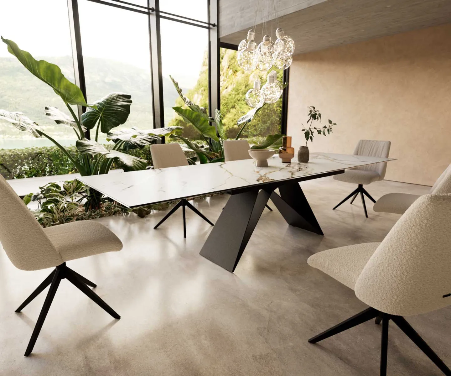 Esstisch Edge 200-300x100 Keramik Calacatta Luxe Weiß-Gold-Grau V-Gestell Flachstahl Schwarz ausziehbar