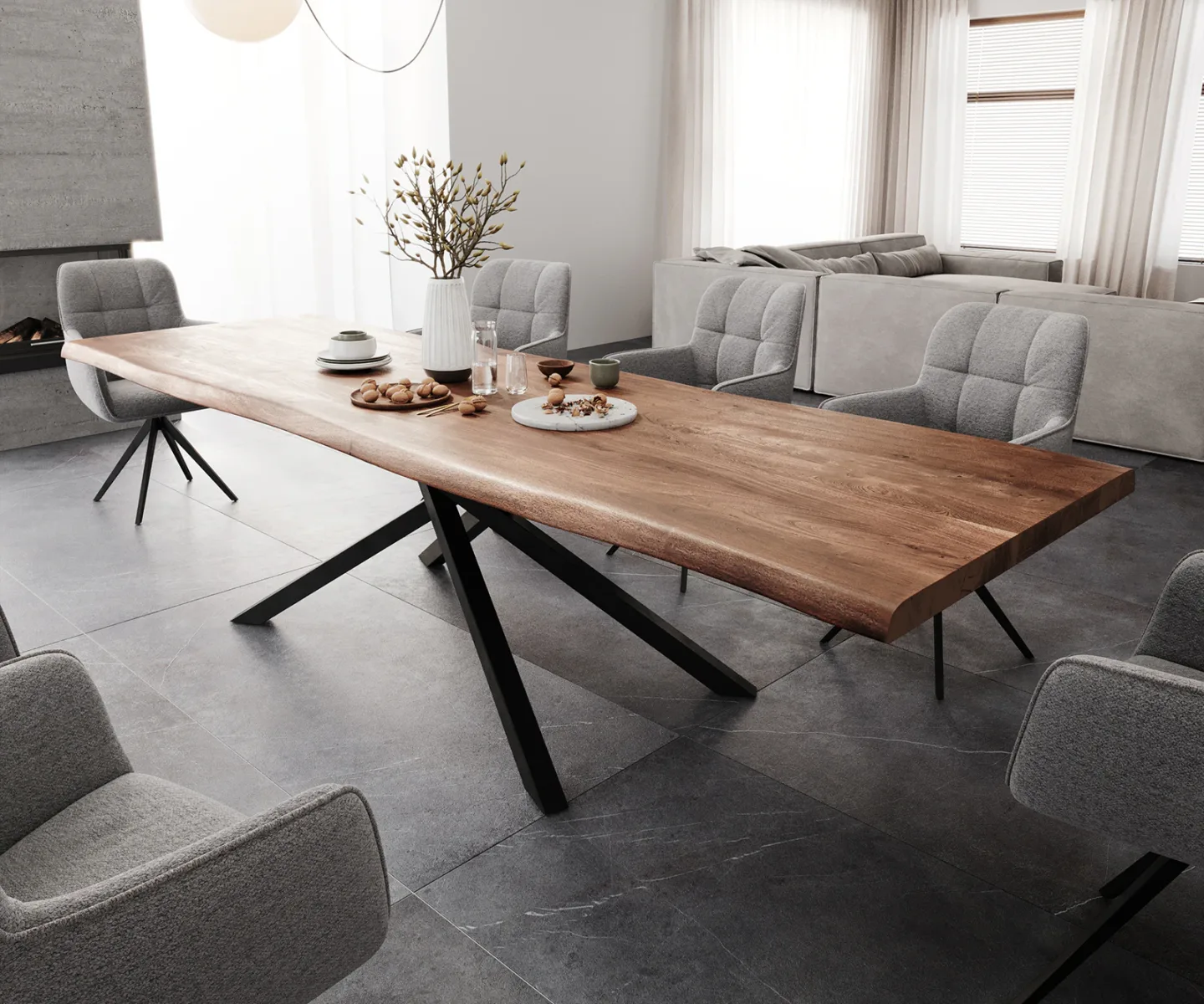 Esstisch Edge 300x100 XL Akazie Braun Kreuzgestell Rechteck Schwarz Live-Edge