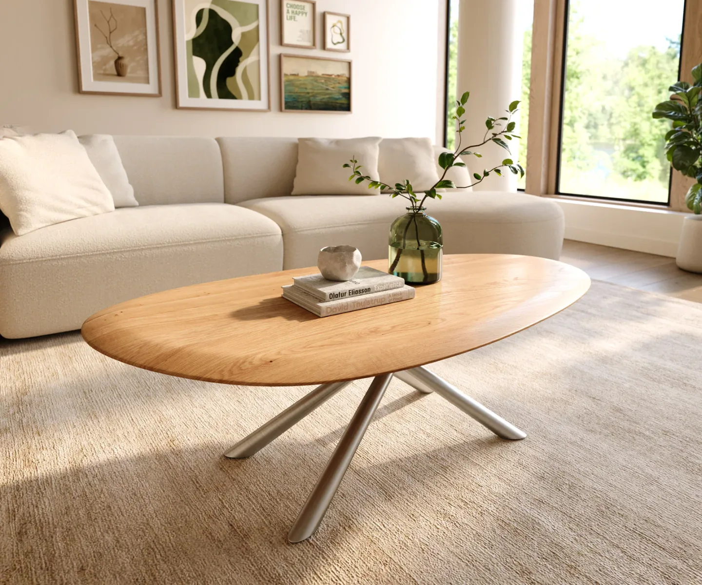 Couchtisch Edge Oval 140x75 cm Eiche Natur Runde Kante Sarity Edelstahl gebürstet