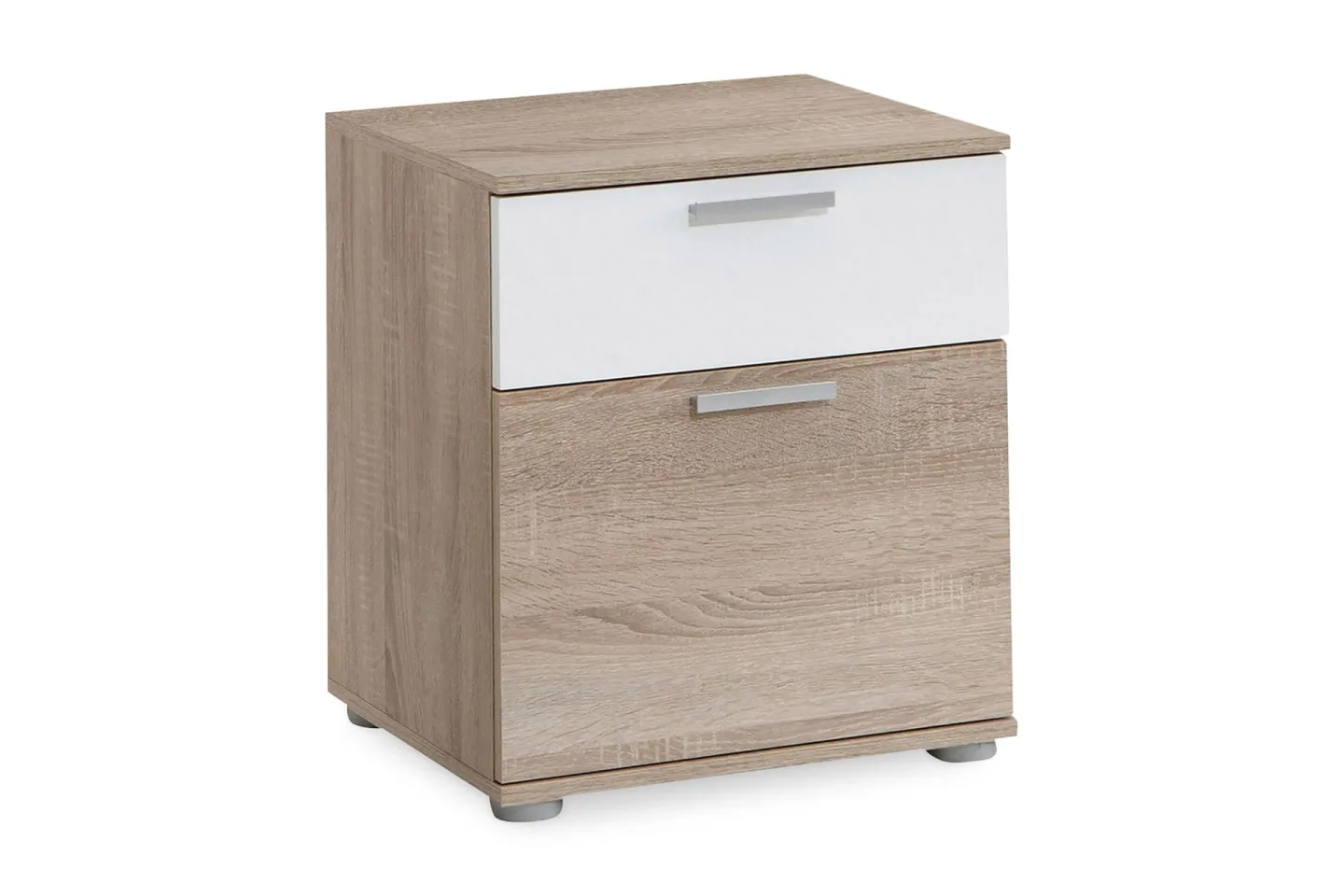 Polyxo Sängbord 38 cm med Förvaring 2 Lådor - Vit/Ekfärg/Ljusgrå