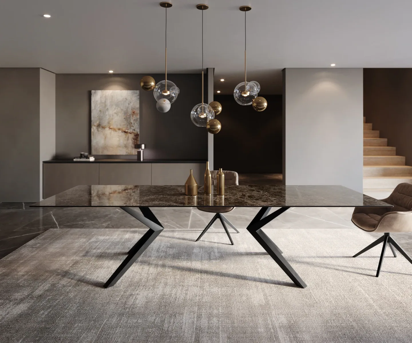 Esstisch Edge 300x100 Keramik Emperador Extra Lucidato Dunkelbraun Zenthara kantig Metall Schwarz