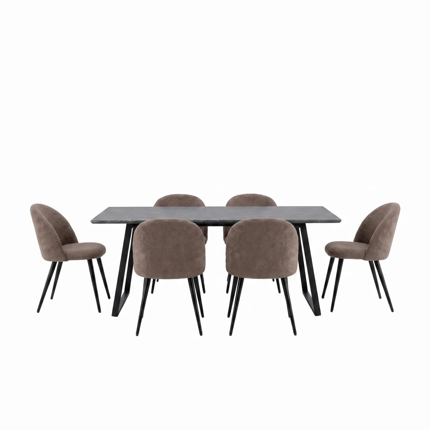 Malaga Essgruppe Esstisch 90x200 cm dunkelgrau und 6 Skagen-Stühle Bouclé braun.