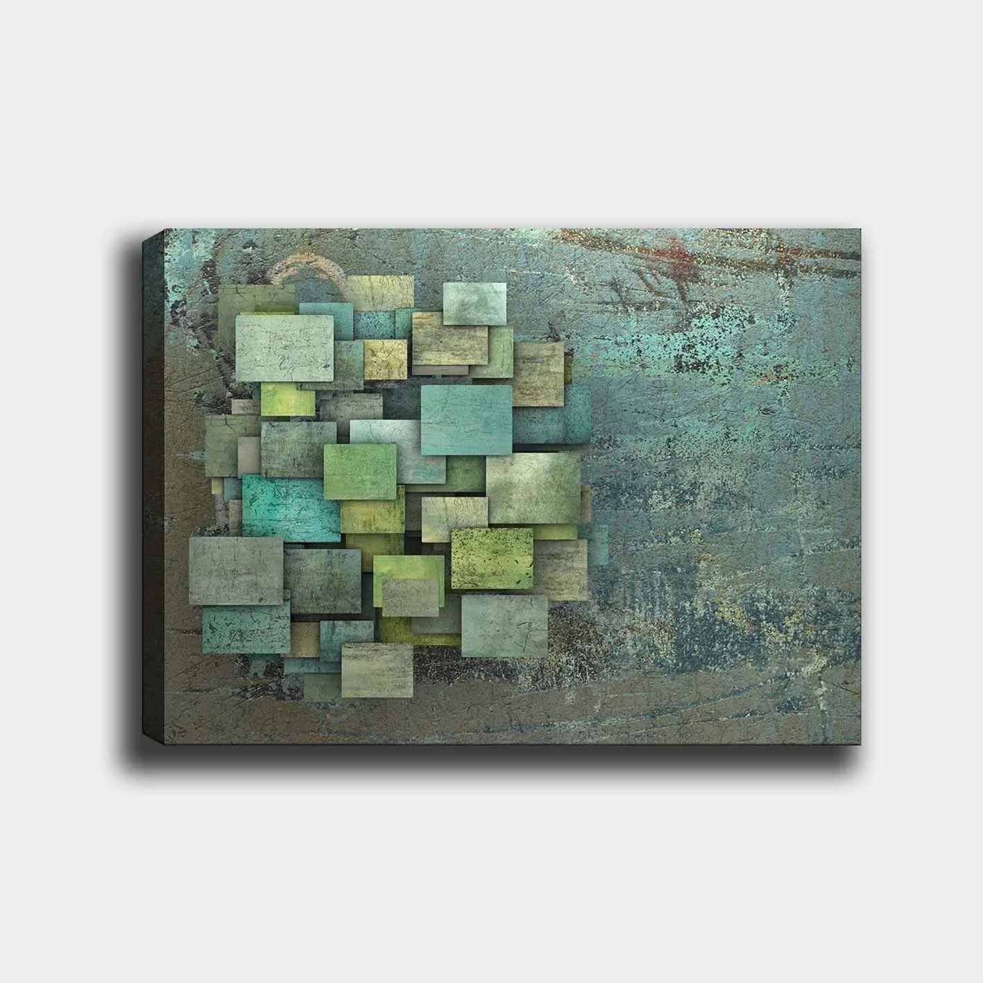 Canvastavla 70x100 cm - Abstrakt komposition av överlappande kvadrater i olika nyanser av grönt och blått - Grön / Turkos / Blå
