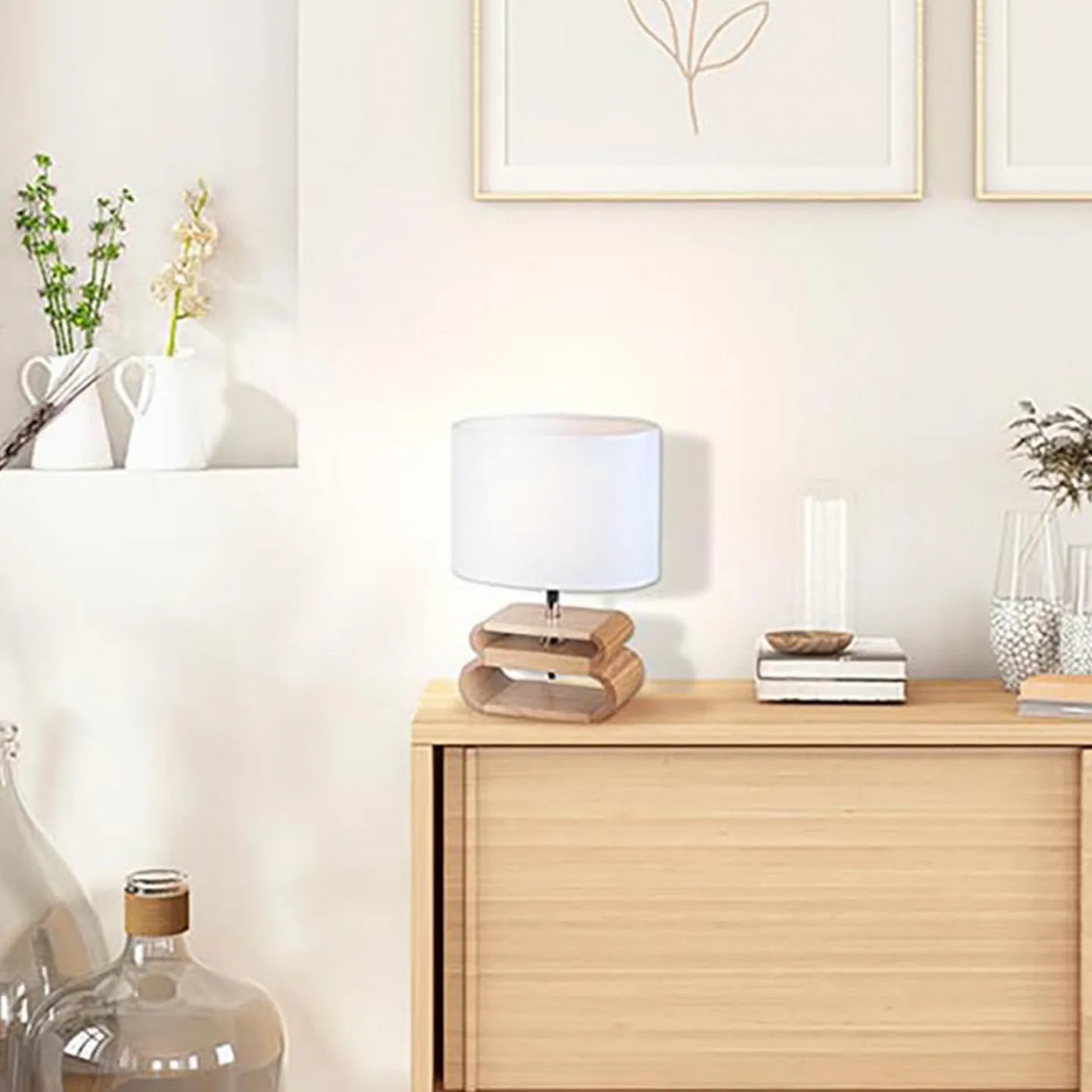 Oslo bordlampe, hvit/lys tre, høyde 30 cm – COREP SAS - Stue - Skandinavisk - Stoff / Tekstil - Med skjerm
