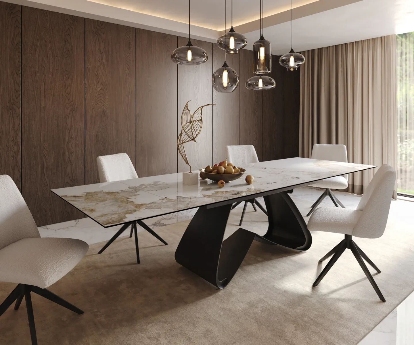 Esstisch Edge 200-300x100 Keramik Minas Melange Weiß-Beige W-Gestell Schwarz ausziehbar