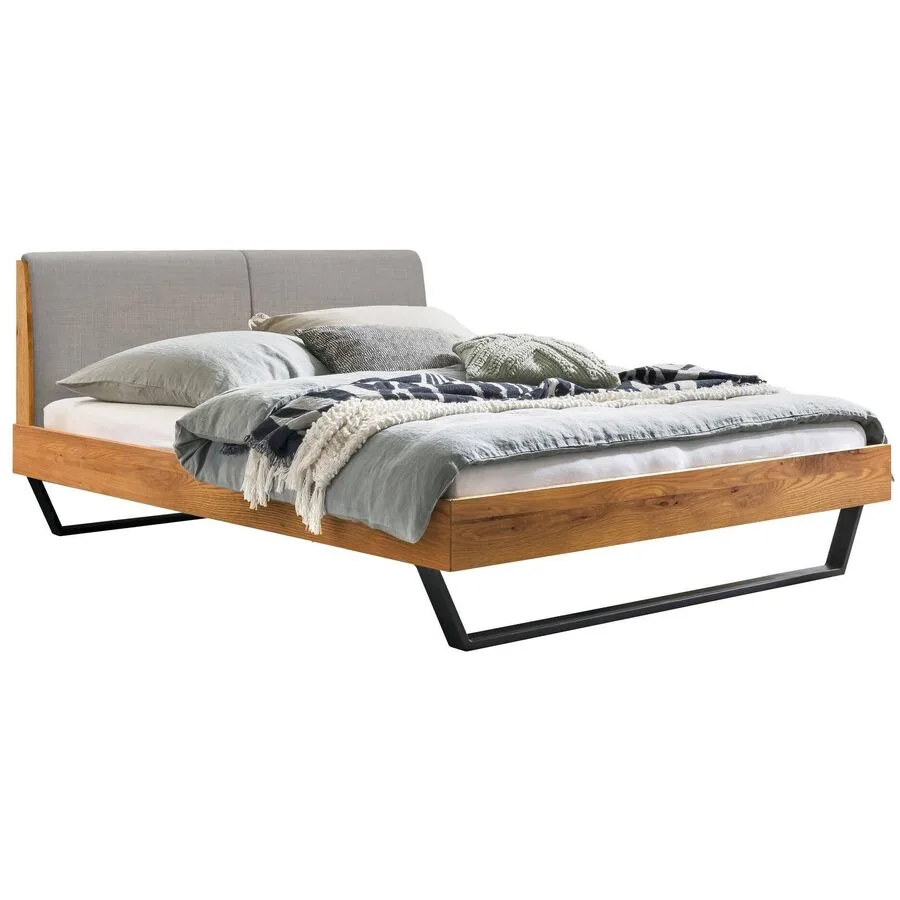 Hasena Bett Pollino Grau, Natur Wildeiche, Kunstleder, Metall Massivholz 140 x 200 cm