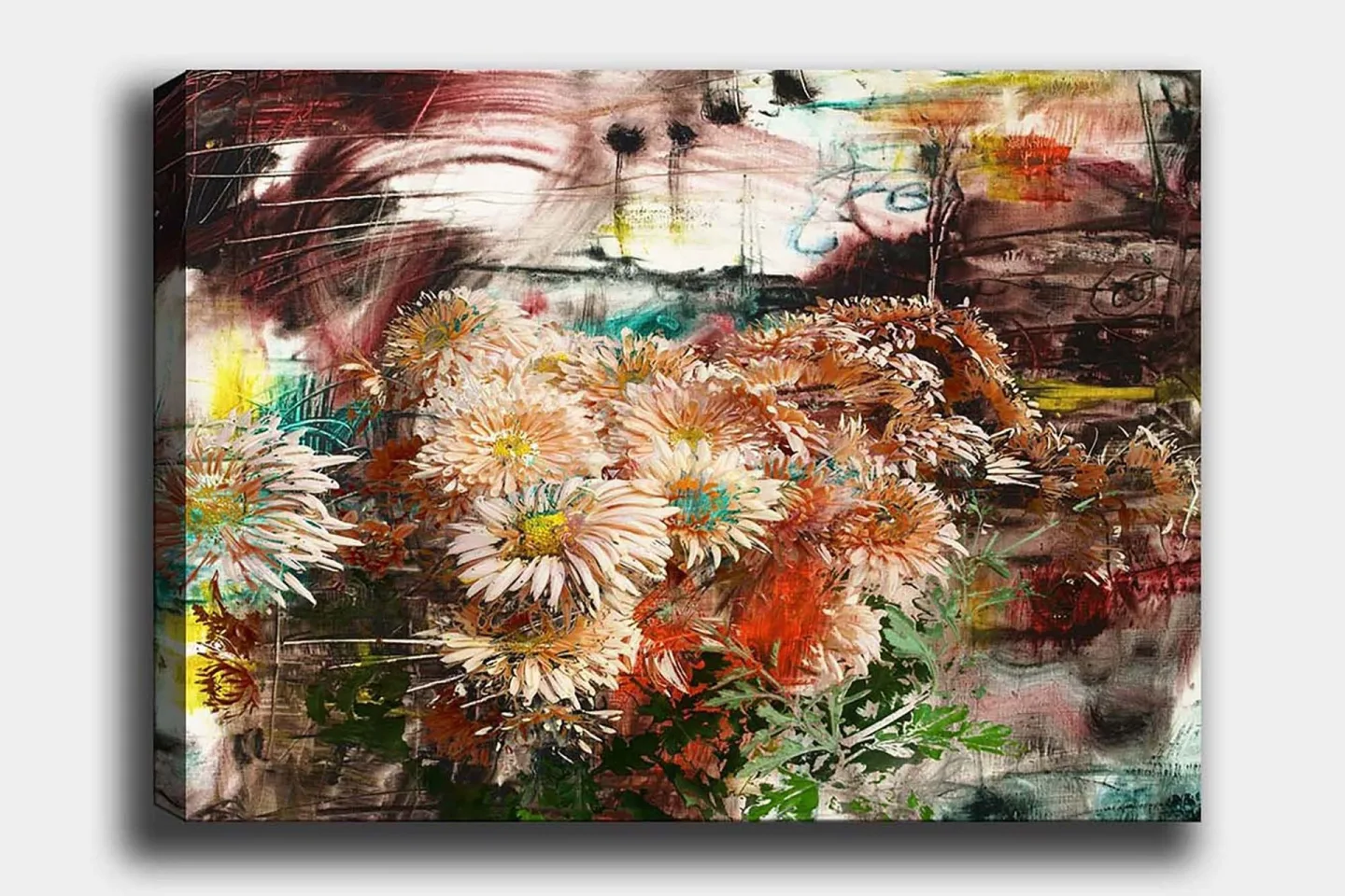 Canvastavla 70x100 cm - Bukett av blommor i olika nyanser av rosa och orange - Rosa / Orange / Grön