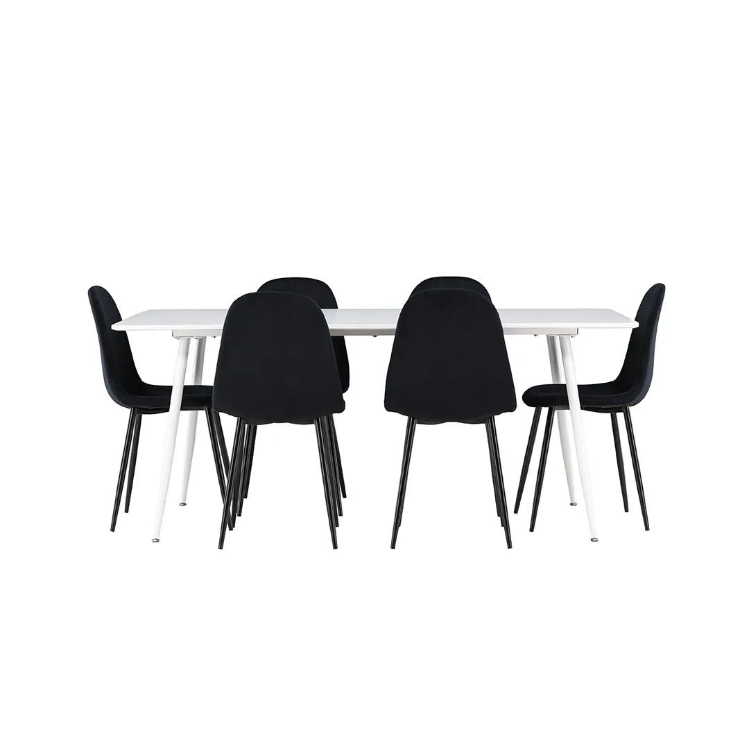 Silar Essgruppe Tisch 90x180cm und 6 Velours Stühle weiß.